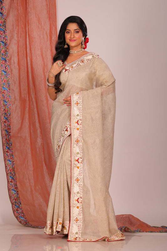 Crush Tissue Silk With Parsi Embroidery Border Saree