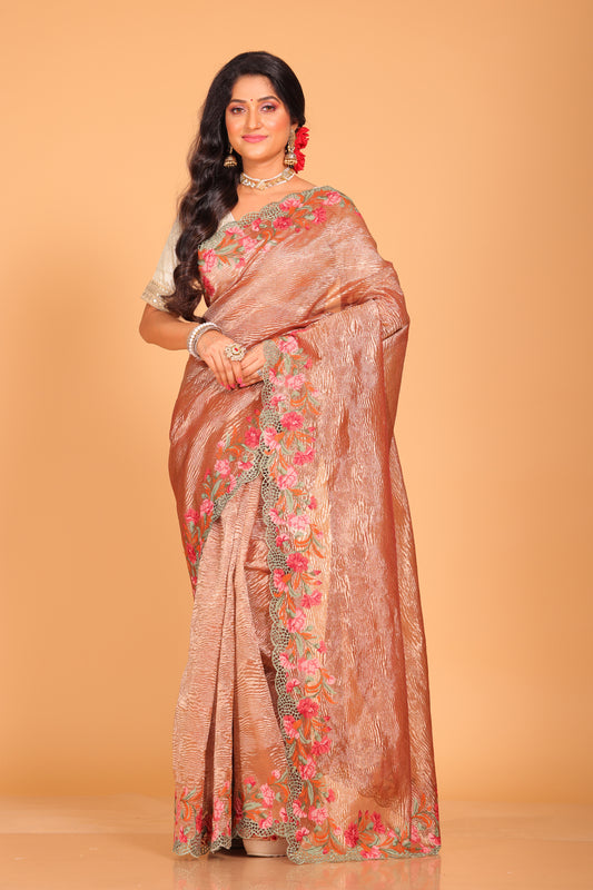 Crush Tissue Silk With Cross Stich Embroidery Border Saree