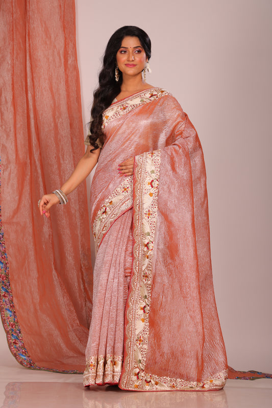 Crush Tissue Silk With Parsi Embroidery Border Saree