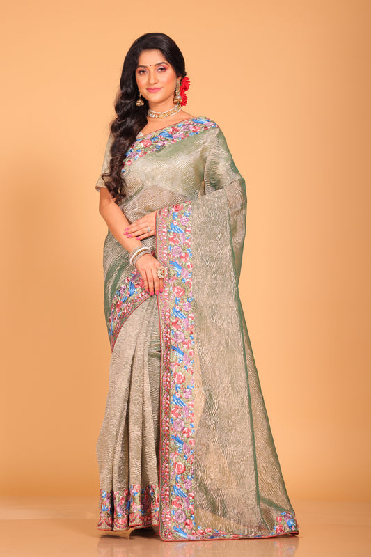 Crush Tissue Silk With Parsi Embroidery Border Saree