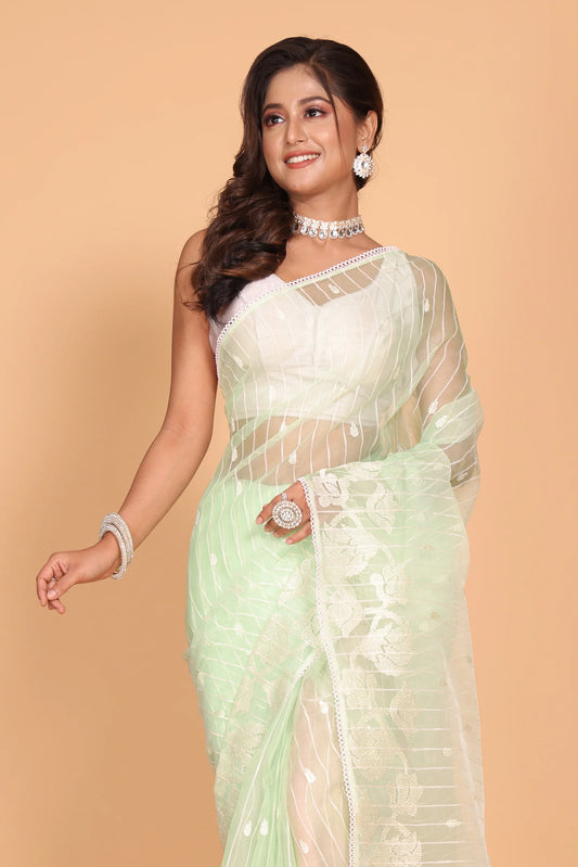 Organza Stripe Embroidery Saree