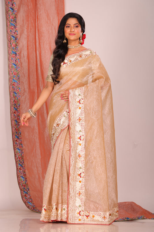 Crush Tissue Silk With Parsi Embroidery Border Saree