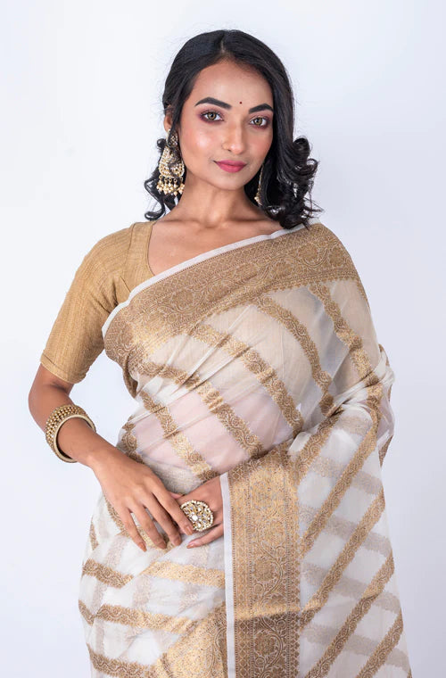 Off White Organza All Over Zari Saree