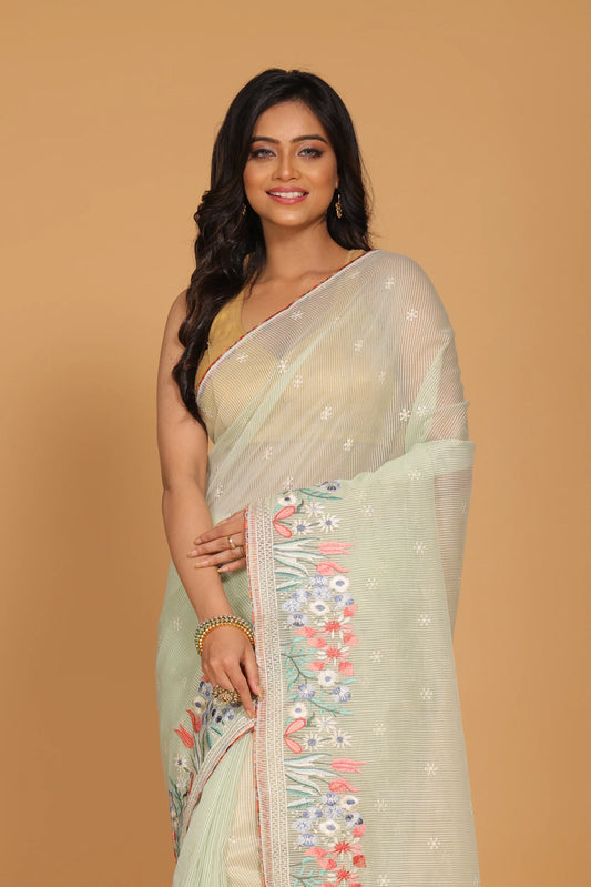 Cotton Kota Stripe Embroidery Saree