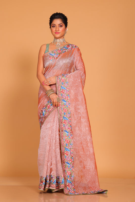 Crush Tissue Silk With Parsi Embroidery Border Saree