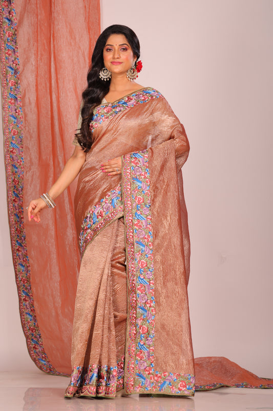 Crush Tissue Silk With Parsi Embroidery Border Saree