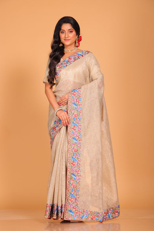 Crush Tissue Silk With Parsi Embroidery Border Saree