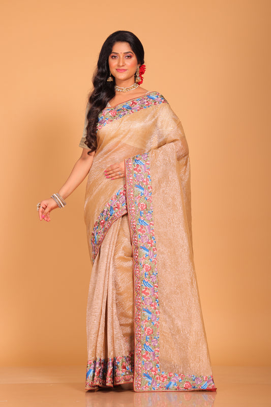 Crush Tissue Silk With Parsi Embroidery Border Saree