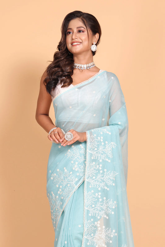 Supernet Cotton Embroidery Saree