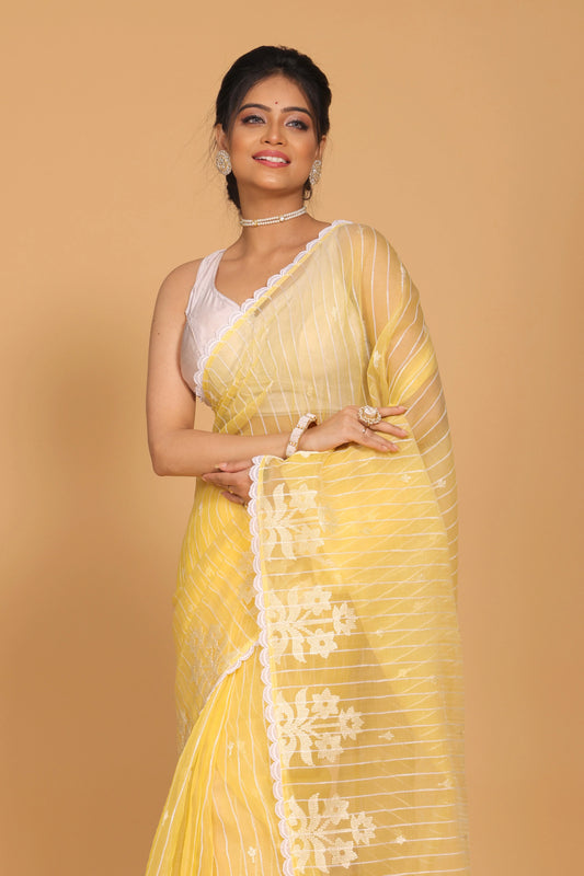 Organza Stripe Embroidery Saree