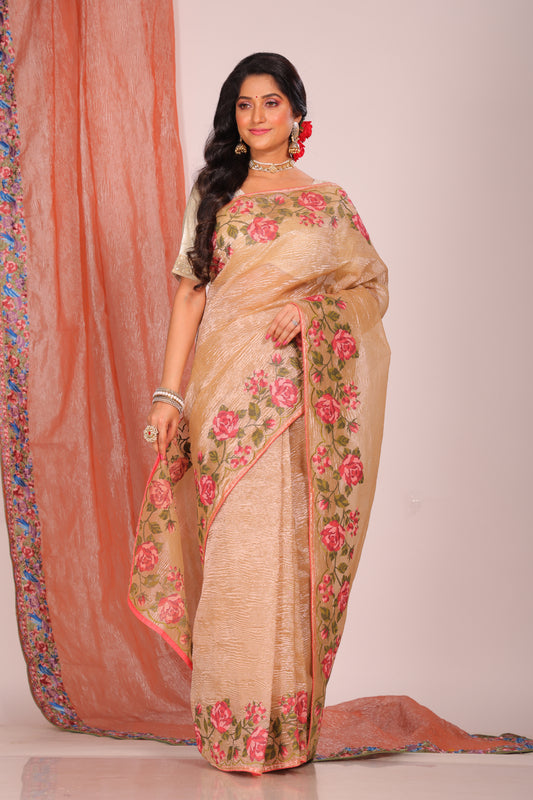 Crush Tissue Silk With Cross Stich Embroidery Border Saree