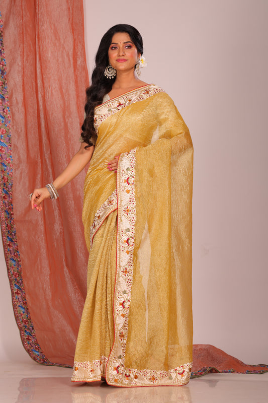 Crush Tissue Silk With Parsi Embroidery Border Saree