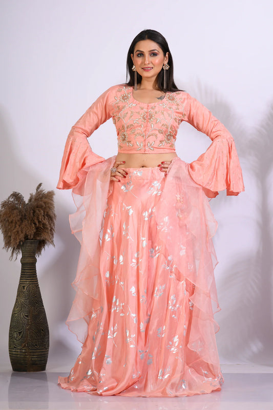 Crop Top With Hand Embroidery With Frill Dupatta