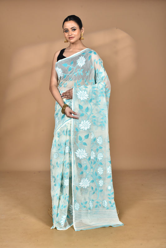 Pure Cotton Dhakai Jamdani Handloom Saree With Blouse Piece