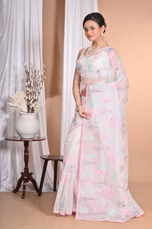 PURE ORGANZA TREAD WORK SAREE